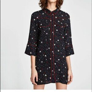 Zara Woman Star Print Long Sleeve Button Down Shirt Dress Night Sky Patriotic